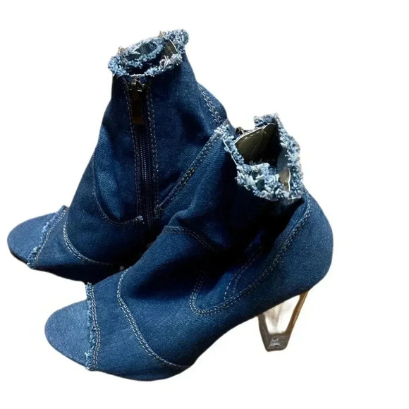 Denim frayed side zip day 2 nite stylish trend transparent stack heel boot 8.5/9 - Picture 3 of 6